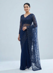 Diwali Navy Blue Georgette Saree – Sequin Embroidered Net Pallu & Stitched Full Sleeve Blouse 2
