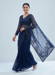Diwali Navy Blue Georgette Saree – Sequin Embroidered Net Pallu & Stitched Full Sleeve Blouse 5