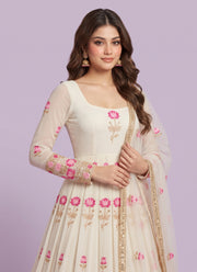 Diwali Off-White Georgette Anarkali Gown Suit – Pink Lotus Embroidery with Crepe Pants & Lace Dupatta 2