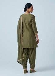 Diwali Olive Green Farshi Salwar Suit – Salsa Fabric with Bead Butti & Gold Lace Dupatta 4