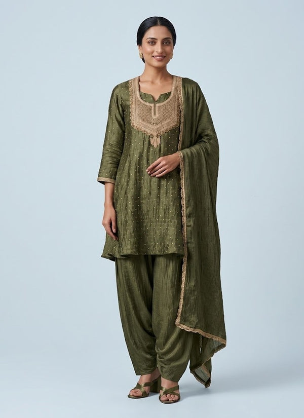 Olive green farshi salwar suit in crinkled Salsa fabric with gold bead butti, beige yoke and gold lace dupatta, front view