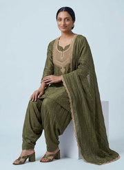 Diwali Olive Green Farshi Salwar Suit – Salsa Fabric with Bead Butti & Gold Lace Dupatta 6