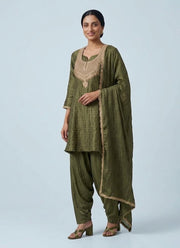 Diwali Olive Green Farshi Salwar Suit – Salsa Fabric with Bead Butti & Gold Lace Dupatta 2