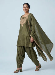 Diwali Olive Green Farshi Salwar Suit – Salsa Fabric with Bead Butti & Gold Lace Dupatta 5