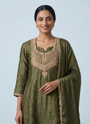 Diwali Olive Green Farshi Salwar Suit – Salsa Fabric with Bead Butti & Gold Lace Dupatta 3