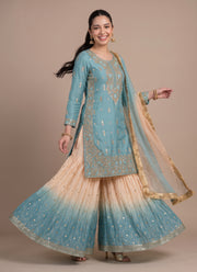 Diwali Ombre Silk Sharara Suit – Sequin Embroidered GMY Silk Kurti with Pearl Work Dupatta 3