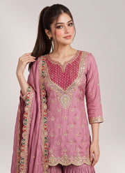 Diwali Onion Pink Chinon Silk Sharara Suit – Mirror & Diamond Hand Work Kurti with Dupatta 2