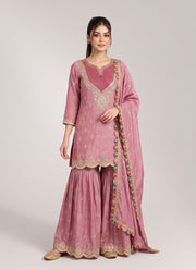 Diwali Onion Pink Chinon Silk Sharara Suit – Mirror & Diamond Hand Work Kurti with Dupatta 1