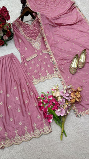 Diwali Onion Pink Chinon Silk Sharara Suit – Mirror & Diamond Hand Work Kurti with Dupatta 3