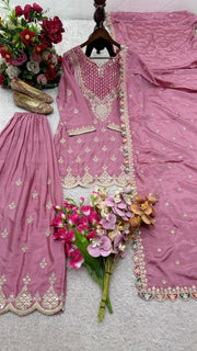 Diwali Onion Pink Chinon Silk Sharara Suit – Mirror & Diamond Hand Work Kurti with Dupatta 4