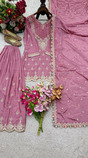 Diwali Onion Pink Chinon Silk Sharara Suit – Mirror & Diamond Hand Work Kurti with Dupatta 5