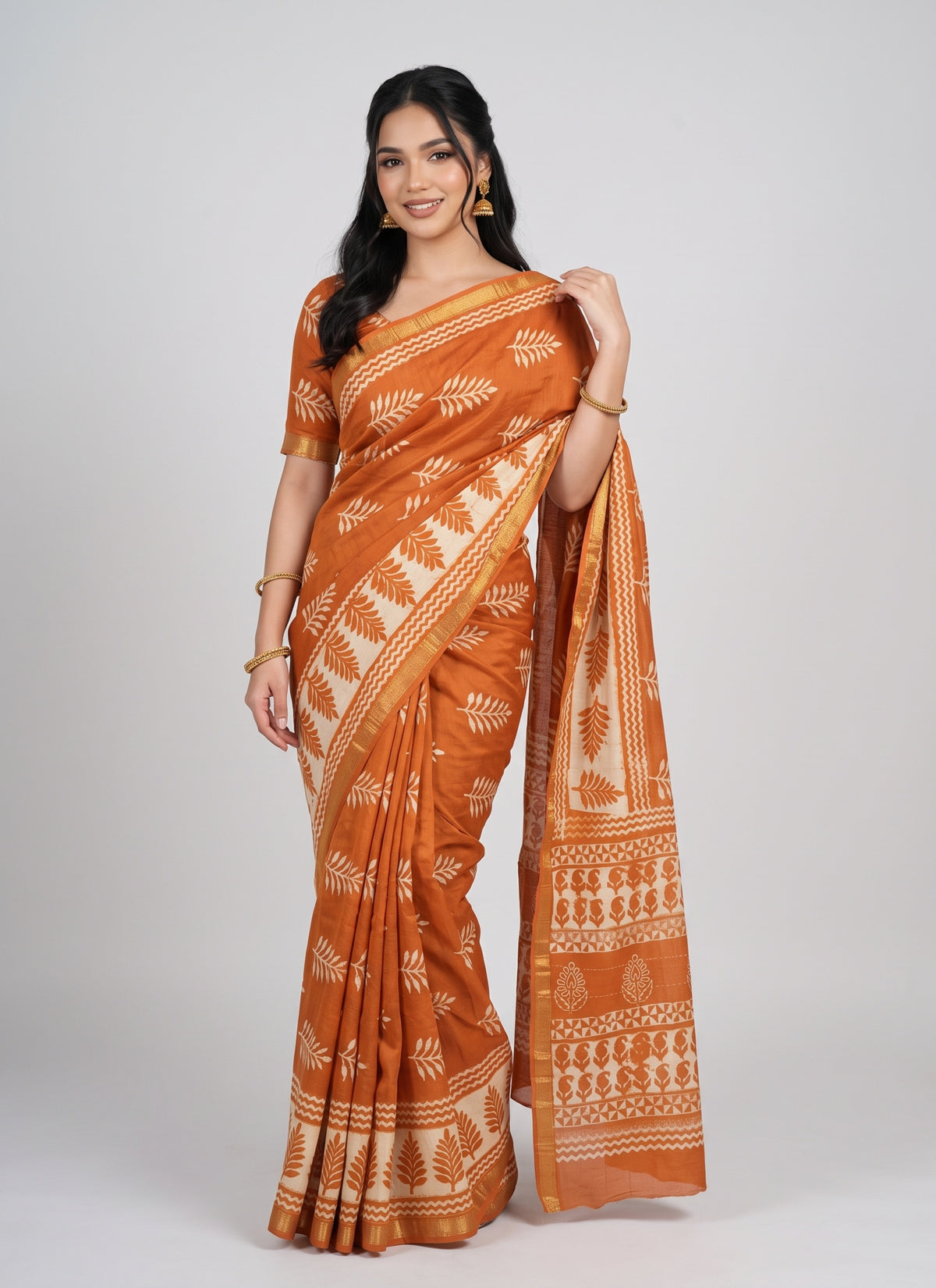 Diwali Orange Maheshwari Saree – Vegetable Dye Fern Leaf Dabu Block Print Silk Cotton Saree with Matching Blouse Australia