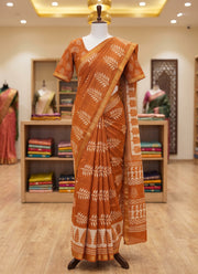 Diwali Orange Maheshwari Saree – Vegetable Dye Fern Leaf Dabu Block Print Silk Cotton Saree with Matching Blouse 2