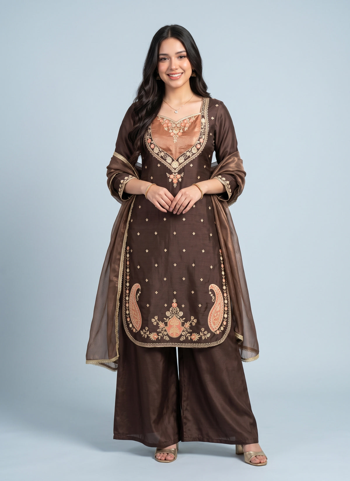 Diwali Paisley Embroidered Palazzo Suit – Coffee Brown Moss Silk with Copper Yoke & Dupatta Australia