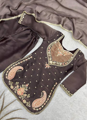 Diwali Paisley Embroidered Palazzo Suit – Coffee Brown Moss Silk with Copper Yoke & Dupatta 4