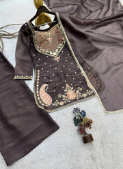 Diwali Paisley Embroidered Palazzo Suit – Coffee Brown Moss Silk with Copper Yoke & Dupatta 2