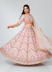 Diwali Peach Mirror Work Lehenga – Faux Georgette with Paper Mirror, Zari & Thread Work and Dupatta 1