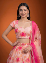 Diwali Peach Organza Lehenga – Floral Print with Cutdana, Cap Sleeve Choli & Ombre Mirror Dupatta 4