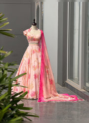 Diwali Peach Organza Lehenga – Floral Print with Cutdana, Cap Sleeve Choli & Ombre Mirror Dupatta 2