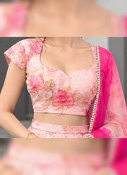 Diwali Peach Organza Lehenga – Floral Print with Cutdana, Cap Sleeve Choli & Ombre Mirror Dupatta 7