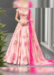Diwali Peach Organza Lehenga – Floral Print with Cutdana, Cap Sleeve Choli & Ombre Mirror Dupatta 6