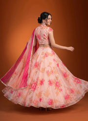 Diwali Peach Organza Lehenga – Floral Print with Cutdana, Cap Sleeve Choli & Ombre Mirror Dupatta 3