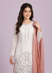 Diwali White Georgette Sequin Palazzo Suit – Pearl Hand Work Kurti with Coloured Palazzo & Dupatta 2
