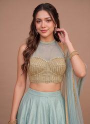 Diwali Pearl Halter Neck Lehenga – Readymade Roman Silk Lehenga with Pockets & Net Dupatta 2