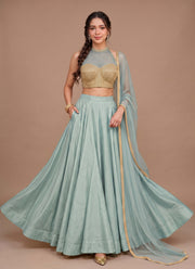 Diwali Pearl Halter Neck Lehenga – Readymade Roman Silk Lehenga with Pockets & Net Dupatta 1