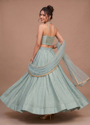 Diwali Pearl Halter Neck Lehenga – Readymade Roman Silk Lehenga with Pockets & Net Dupatta 3