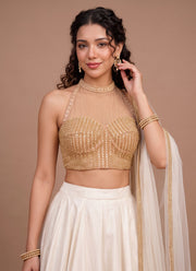 Diwali Pearl Halter Neck Lehenga – Readymade Roman Silk Lehenga with Pockets & Net Dupatta 12