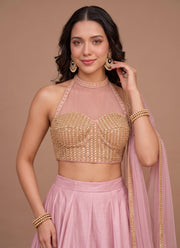 Diwali Pearl Halter Neck Lehenga – Readymade Roman Silk Lehenga with Pockets & Net Dupatta 16