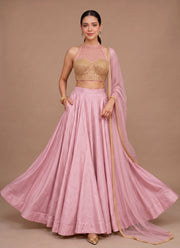 Diwali Pearl Halter Neck Lehenga – Readymade Roman Silk Lehenga with Pockets & Net Dupatta 13