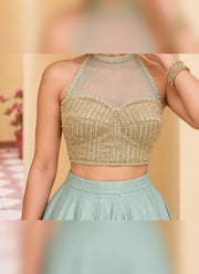 Diwali Pearl Halter Neck Lehenga – Readymade Roman Silk Lehenga with Pockets & Net Dupatta 20