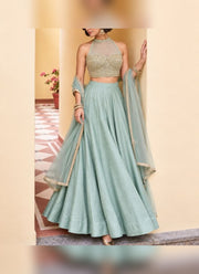 Diwali Pearl Halter Neck Lehenga – Readymade Roman Silk Lehenga with Pockets & Net Dupatta 4