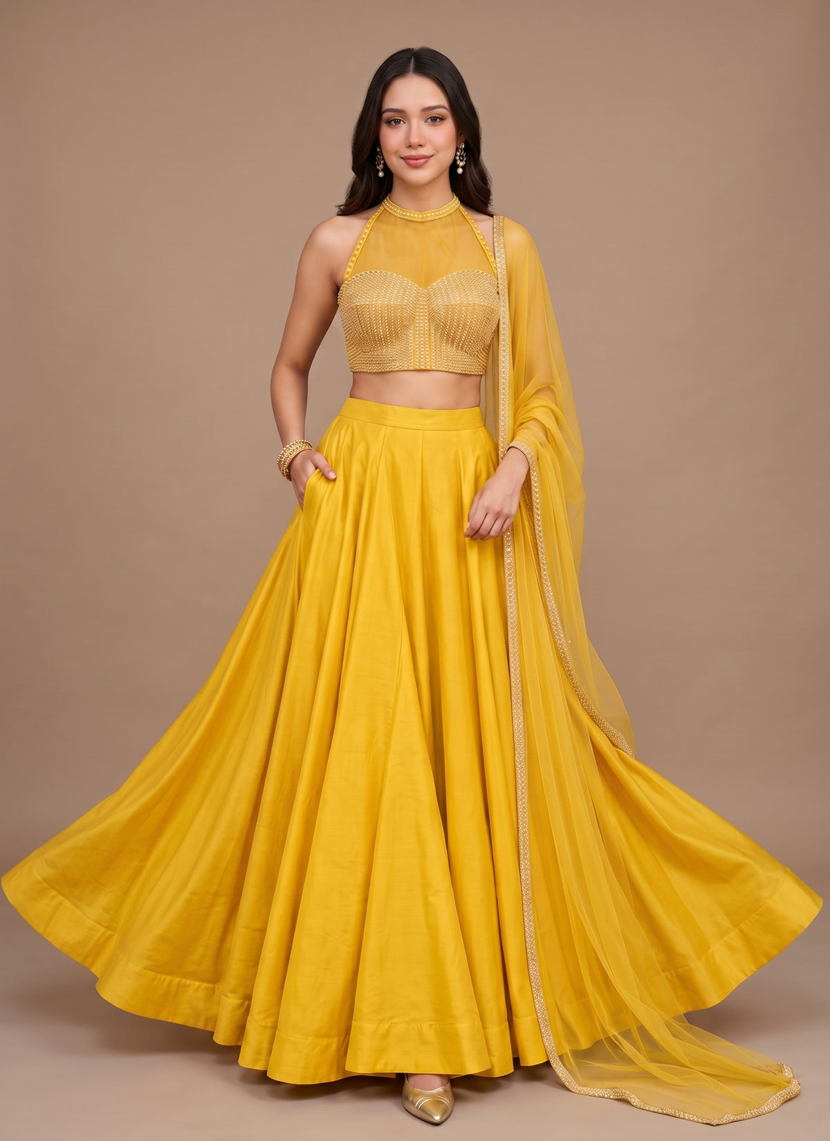 Diwali Pearl Halter Neck Lehenga – Readymade Roman Silk Lehenga with Pockets & Net Dupatta Australia