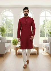 Men’s Kurta – Dark Red Linen Cotton with Embroidery 2