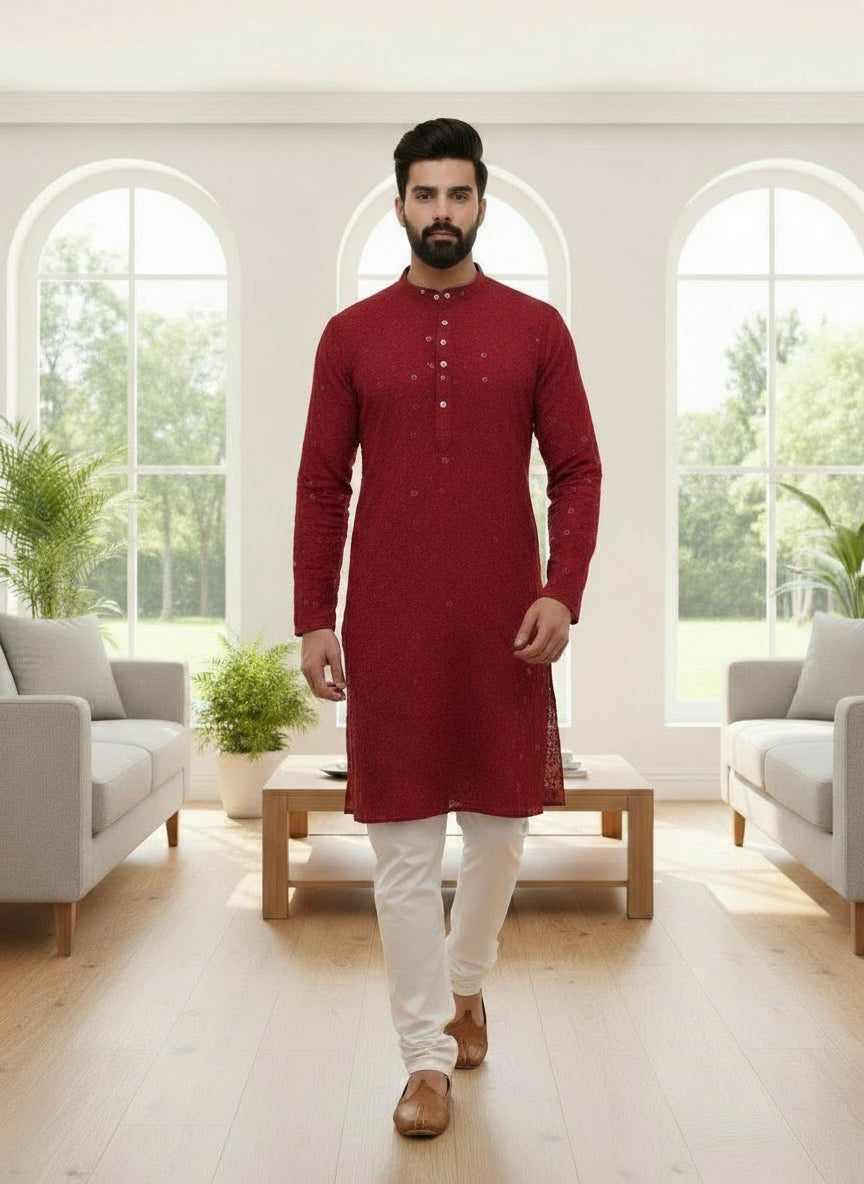 Men’s Kurta – Dark Red Linen Cotton with Embroidery