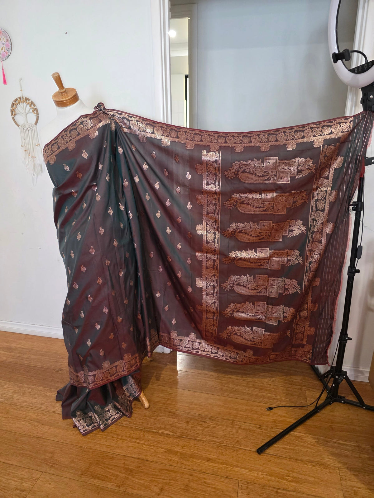 Green Katan Silk Saree with Zari and Blouse Piece