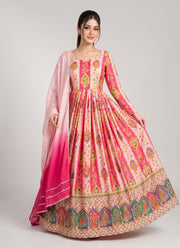 Diwali Chinon Anarkali Gown with Dupatta – Mirror & Golden Thread Work, 5 Metre Flare 1