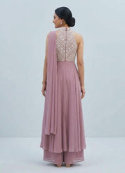 Pink Halter Neck Palazzo Set – Georgette with Pearl Embroidered Bodice & Dupatta 4