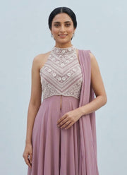 Pink Halter Neck Palazzo Set – Georgette with Pearl Embroidered Bodice & Dupatta 3