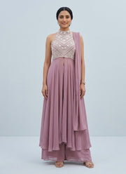 Pink Halter Neck Palazzo Set – Georgette with Pearl Embroidered Bodice & Dupatta 1