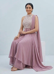 Pink Halter Neck Palazzo Set – Georgette with Pearl Embroidered Bodice & Dupatta 6