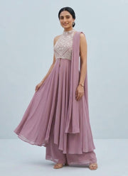 Pink Halter Neck Palazzo Set – Georgette with Pearl Embroidered Bodice & Dupatta 2