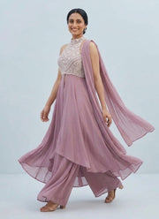 Pink Halter Neck Palazzo Set – Georgette with Pearl Embroidered Bodice & Dupatta 5