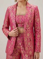 Jacquard Blazer Palazzo Set – Gold Floral Brocade Crop Top, Blazer & Flared Palazzo 7