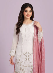 Diwali White Georgette Sequin Palazzo Suit – Pearl Hand Work Kurti with Coloured Palazzo & Dupatta 7