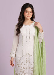 Diwali White Georgette Sequin Palazzo Suit – Pearl Hand Work Kurti with Coloured Palazzo & Dupatta 11