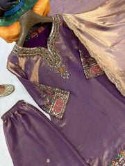 Diwali Purple Fendy Silk Kurti Palazzo Set – Stone Handwork Kurti with Flared Palazzo & Sequin Dupatta 3
